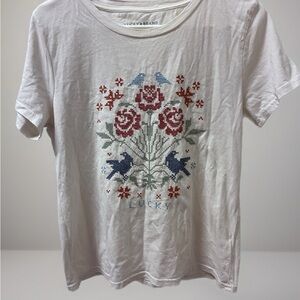 Lucky Brand Cream Tee with Red Floral & Blue Bird Embroidery